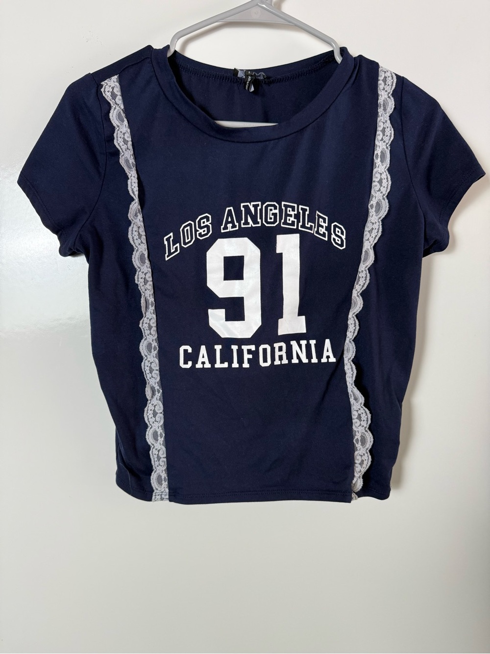 Y2K Los Angeles 91 Baby Tee Lace Trim Graphic Top Navy Blue Women’s L